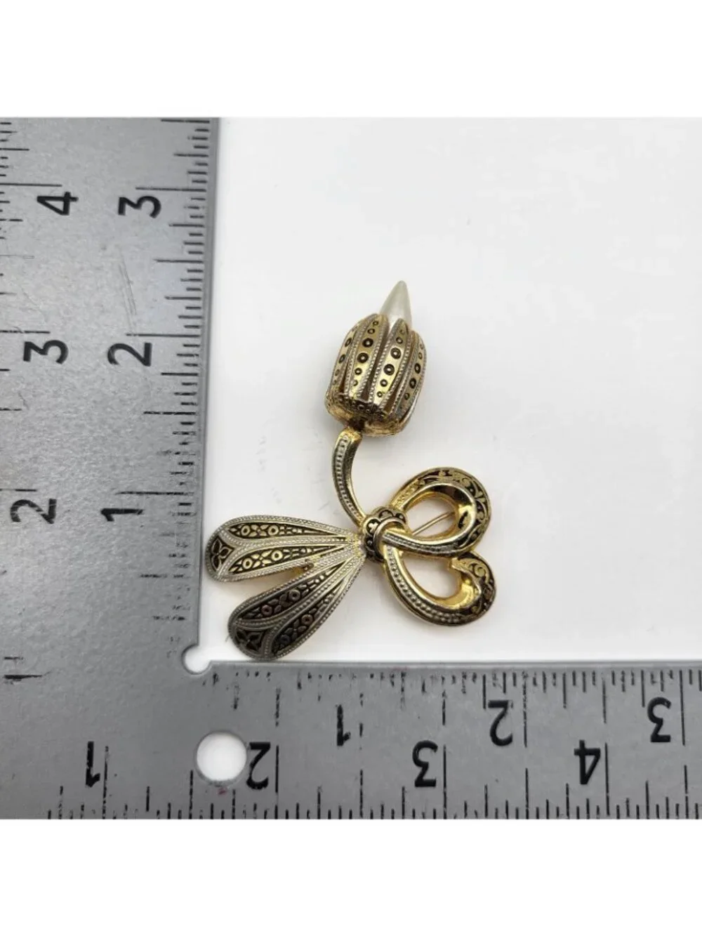 Fabulous vintage damascene faux pearl brooch pin whimsical fun